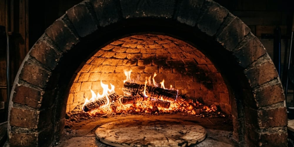 Braises et flammes à l'intérieur d'un four à pizza à bois