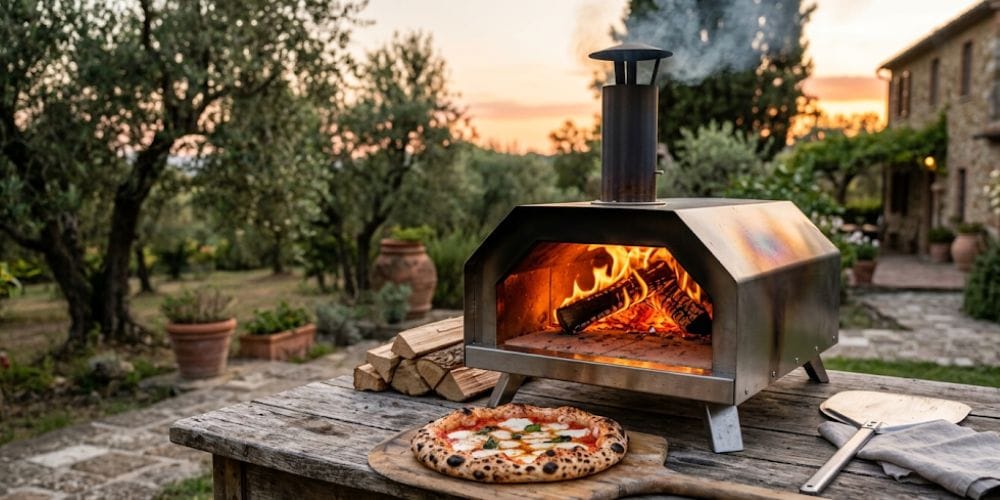Pizza napolitaine cuite au feu de bois sortant d'un four portable en extérieur